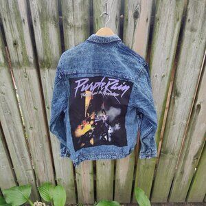 Custom reworked 'Prince' vintage acid-washed denim jacket women's L